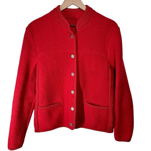 None and/or Unknown Sweaters - 100% Boiled Wool Cardigan Cherry Red Cable Knit Size L Holiday Christmas Granny